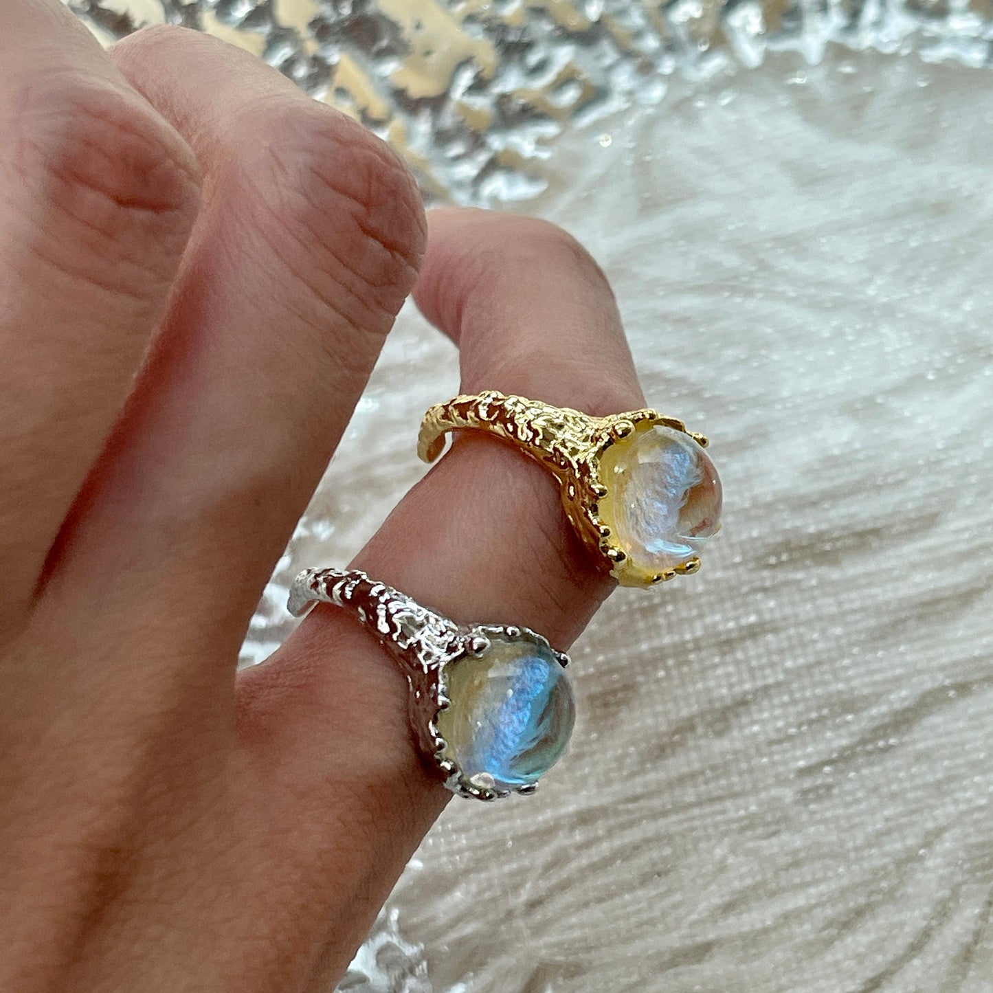 Color Changing Moonstone Opal Ring | Handmade Birthstone Gold Silver Punk Couple Ring Gift