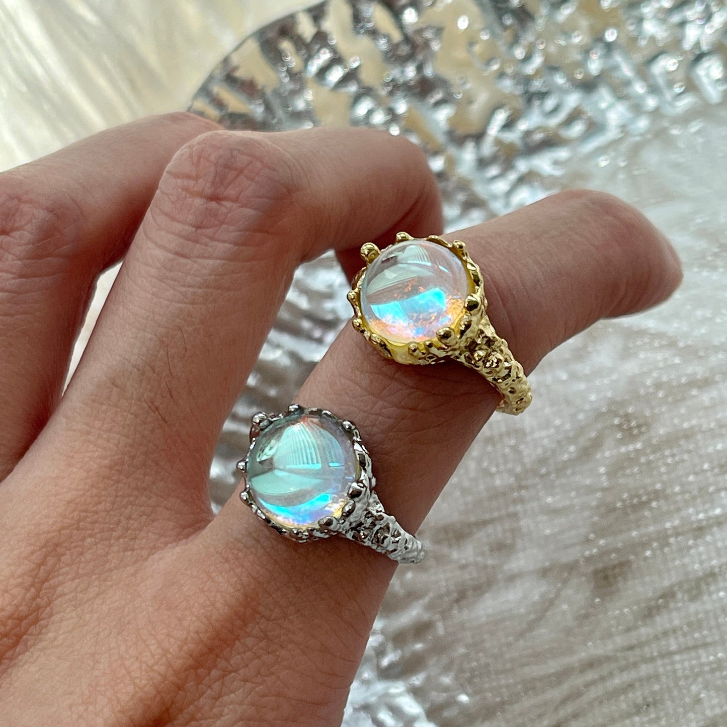 Color Changing Moonstone Opal Ring | Handmade Birthstone Gold Silver Punk Couple Ring Gift