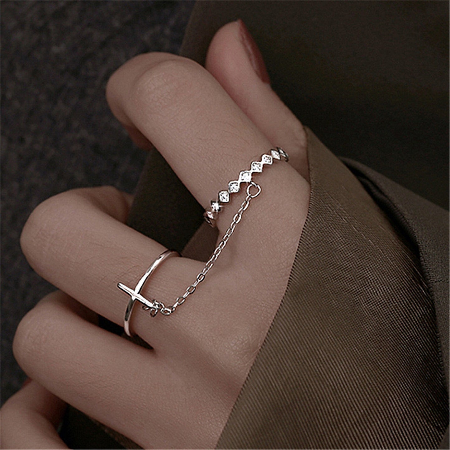 Gothic Cross Rings, Link Chain Rings, Double Duo Rings, Knuckle Ring, Punk Rings, Silver Cross Ring, Cool Ring, Streetwear Ring, Y2K Ring