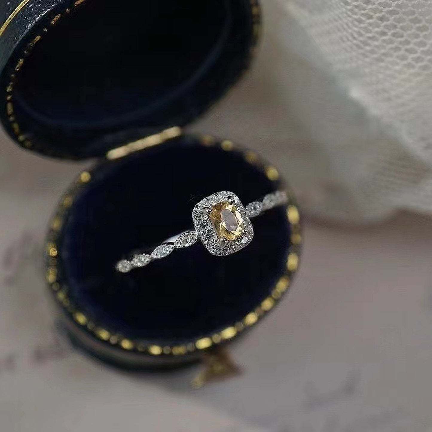 Natural yellow crystal rings, Yellow citrine rings, Rectangle gemstone ring, Gold silver lace rings, Vintage style promise engagement ring