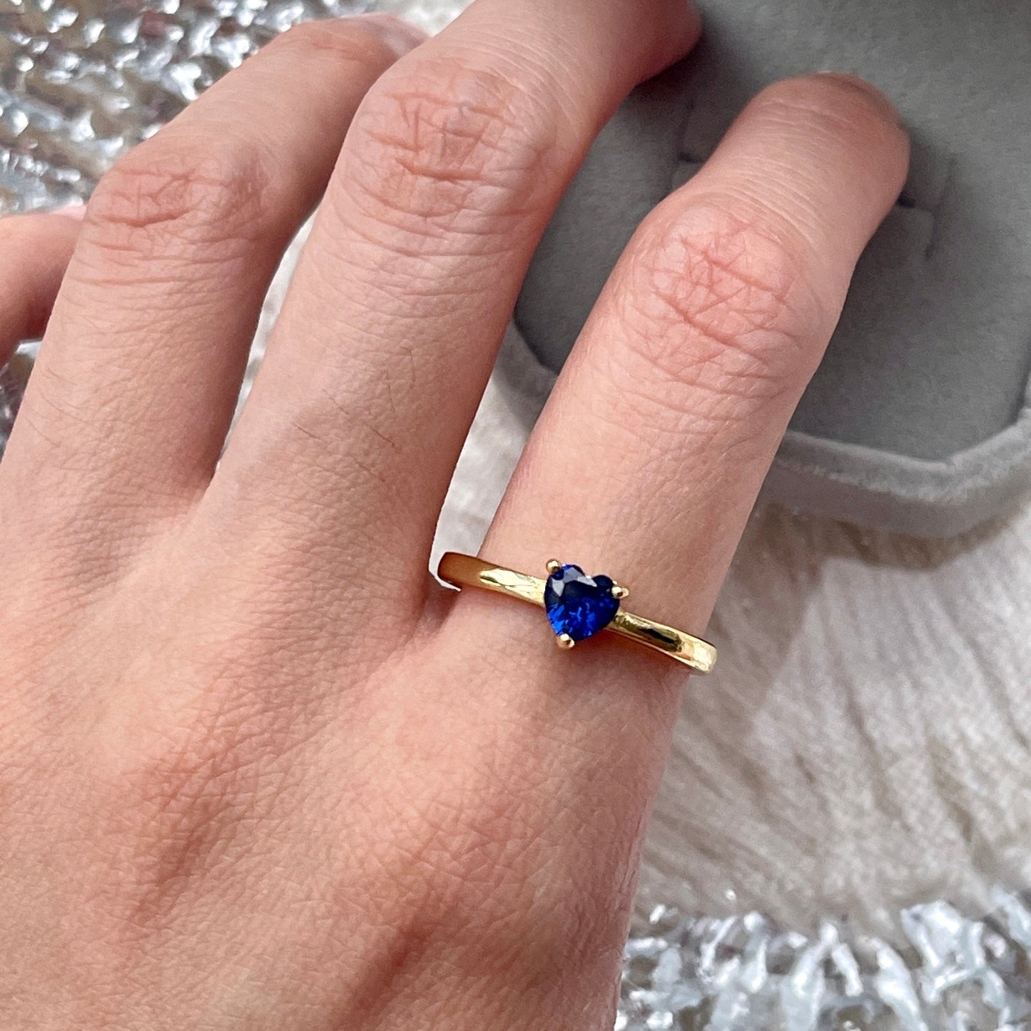 Dainty Blue Heart Shaped Sapphire Gold Open Ring | Royal Blue Birthstone Minimalist Ring