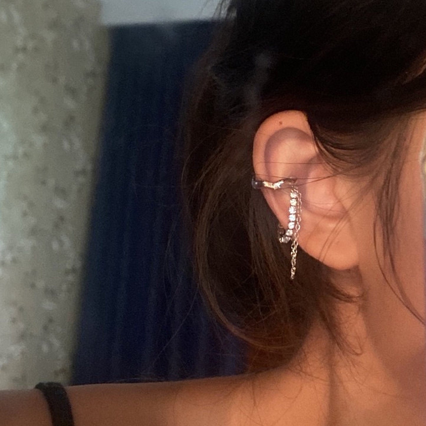 Gothic layering earcuff, Non pierced cuff earrings, Silver CZ ear climber, Dangle ear cuff, Punk streetwear earrings, Unisex helix earrings