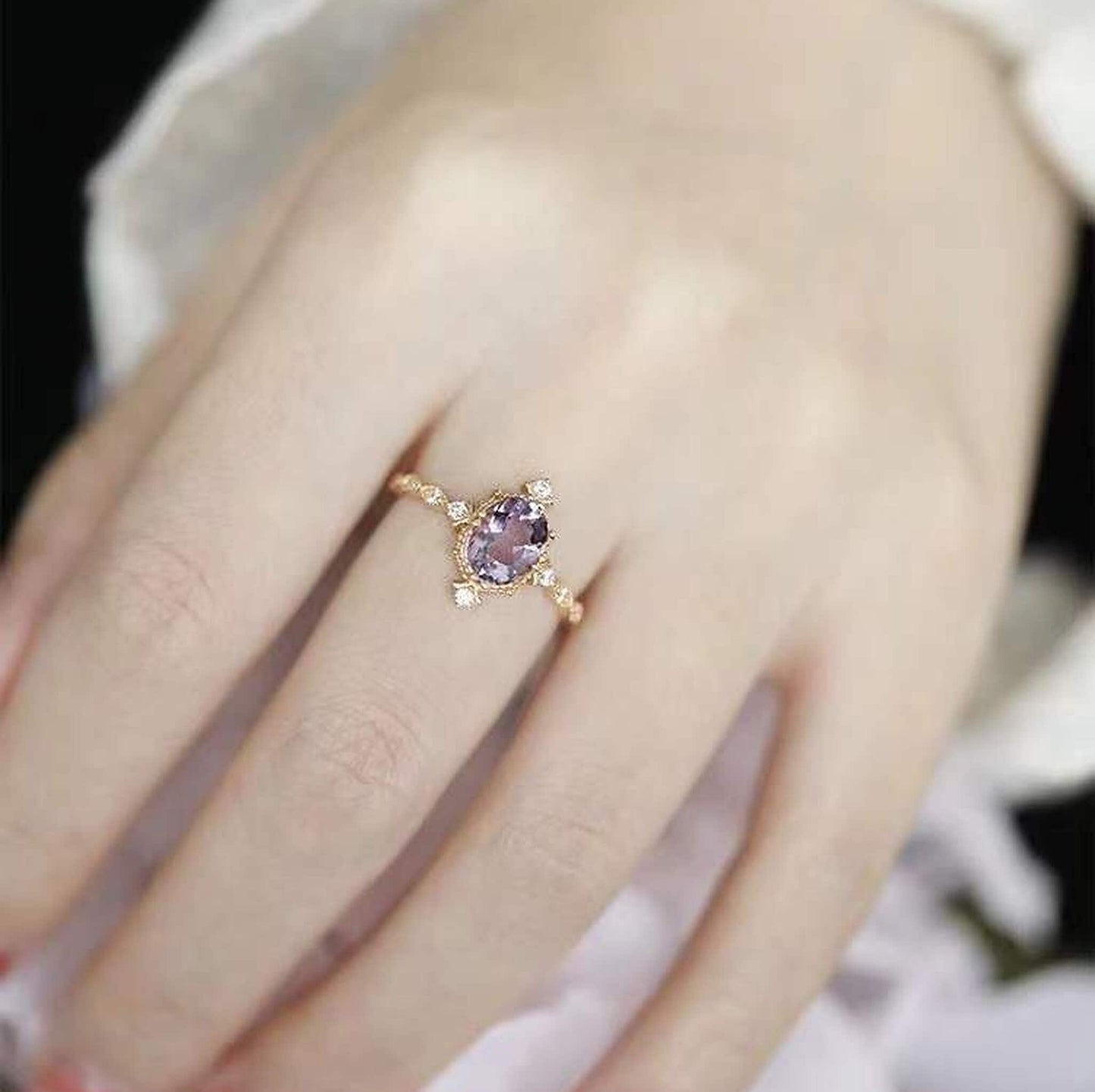 Purple Lilac Amethyst Ring - Gold lace Baguette Crystal Energy Ring