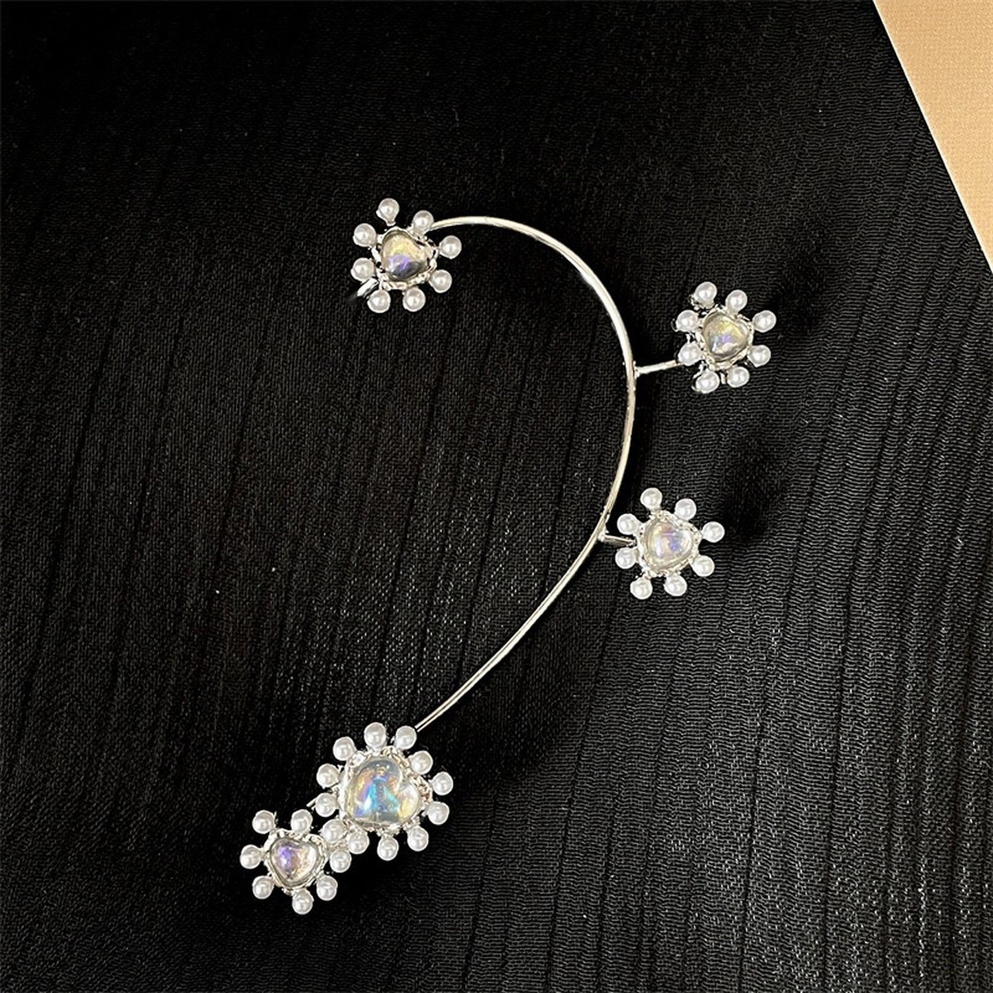 Floral moonstone ear wrap, Fairy cluster ear wrap, Heart pearl ear wrap, Non pieced full ear wrap climber, Ear vine wrap, Handmade gift idea