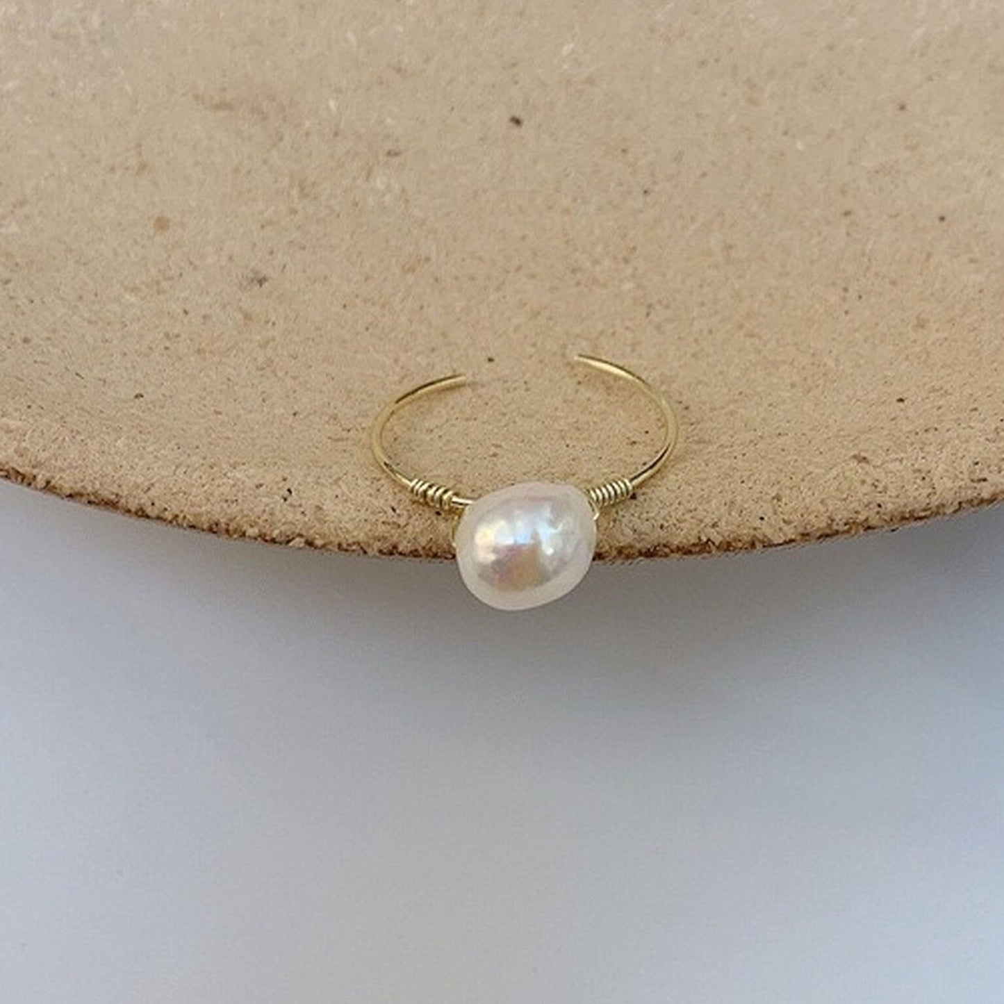 Handmade Natural Pearl Ring - Dainty Gold Pearl Simple Open Ring