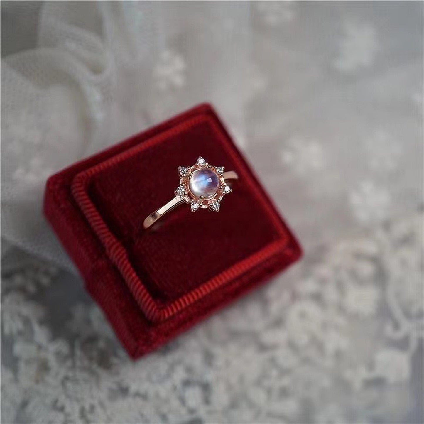 Rose Gold Floral Moonstone Ring | Birthstone Opal Gemstone Cocktail Ring