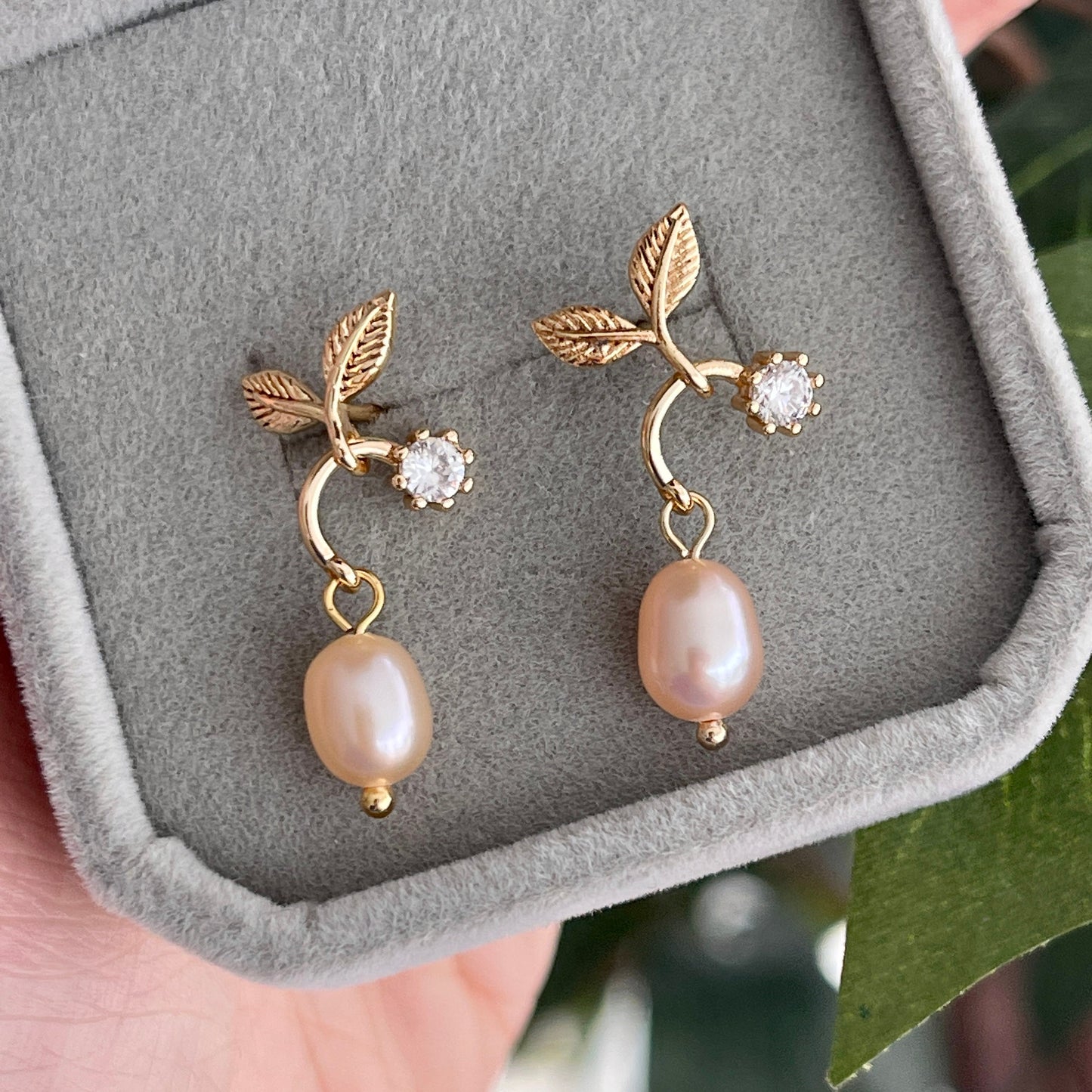 Natural Pink Pearl Gold Leaf Earrings - Handmade Freshwater Pink Pearl Wedding Earrings