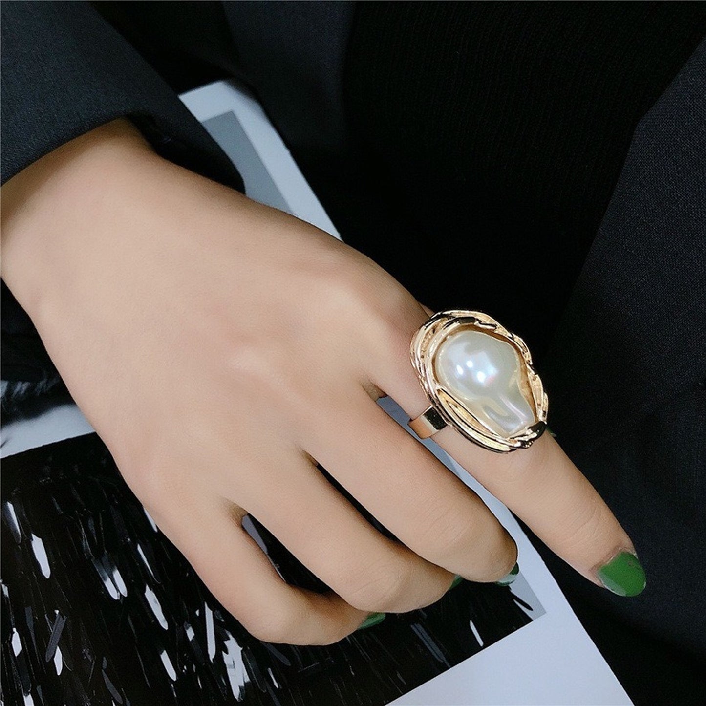 Large Baroque Pearl Statement Chunky Rings | Oval Geometric Gemstone Cocktail Ring