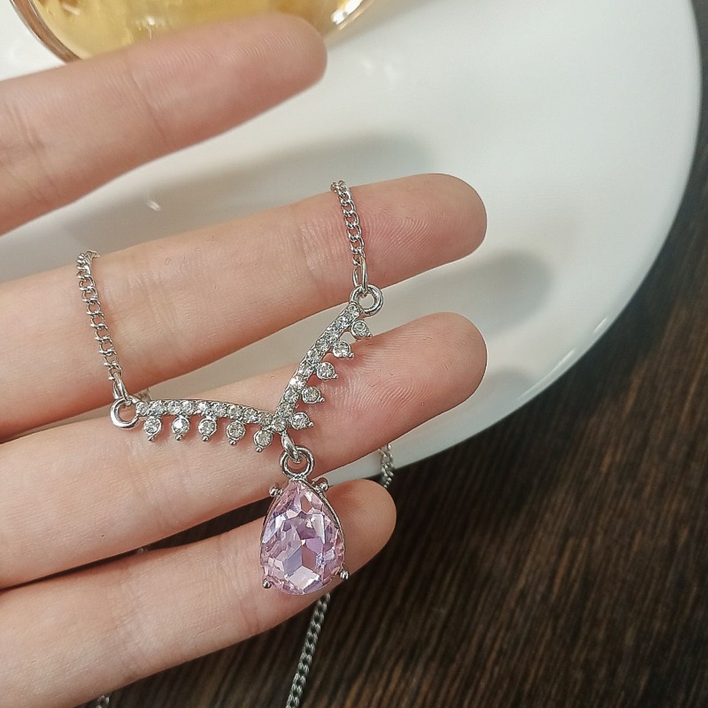 Sparkly Sweet Girl Pink Heart Charm Pendant Necklace | Y2K Pink Teardrop Silver Choker