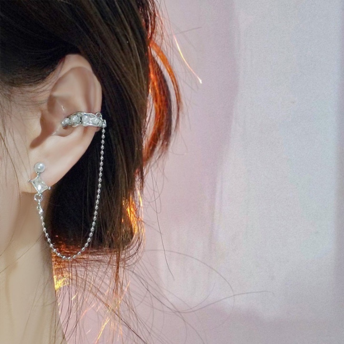 Double layer ear cuff, Dangle chain earrings, Pearl helix earcuff, Silver link chain ear climber, Punk trendy ear jewelry, Y2K streetwear