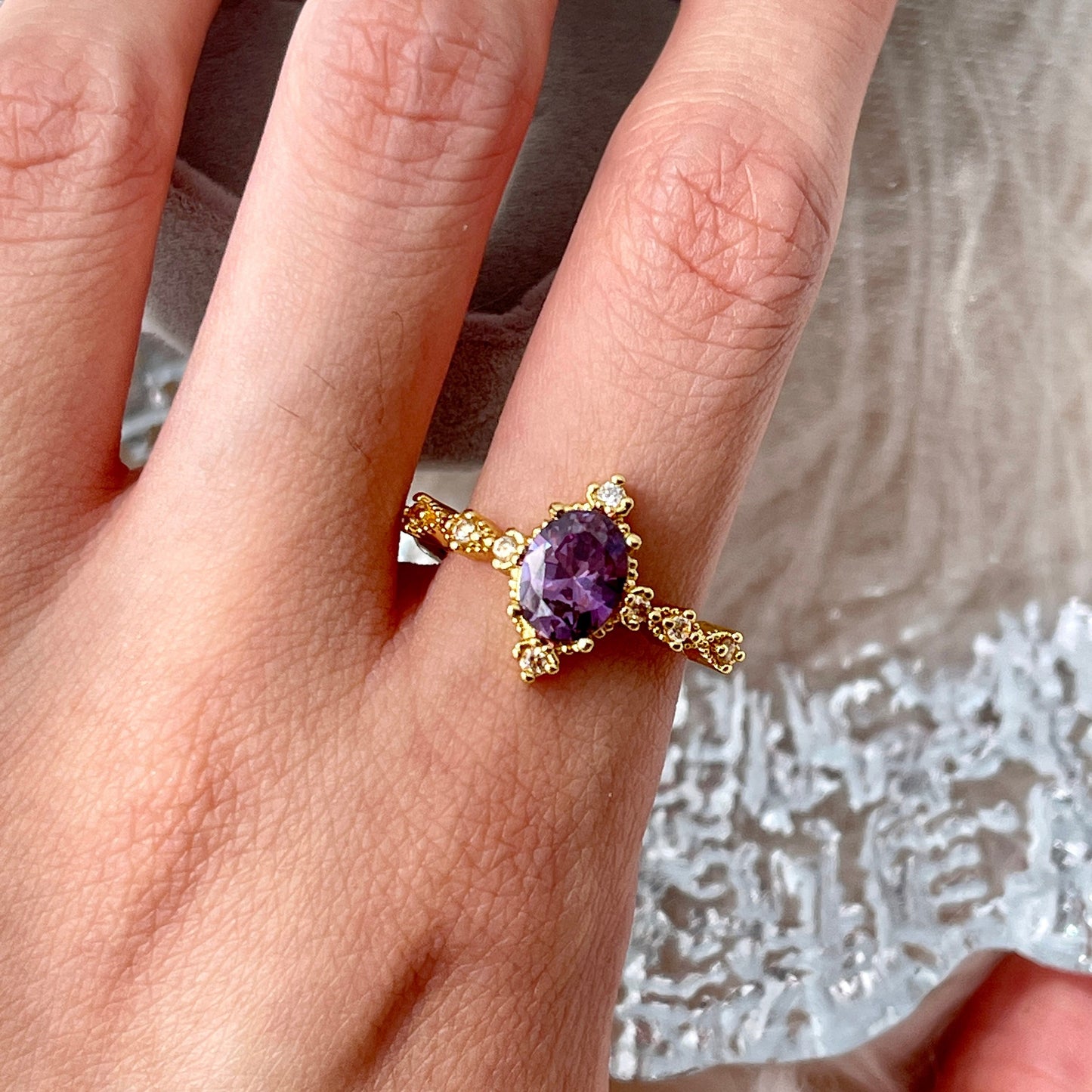 Purple Lilac Amethyst Ring - Gold lace Baguette Crystal Energy Ring