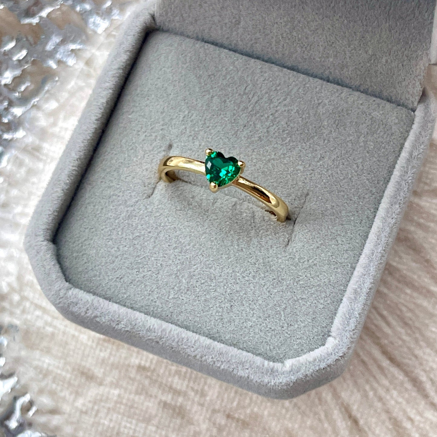 Heart Shaped Emerald Green Gold Ring - Romantic Green Heart Birthstone Cocktail Ring