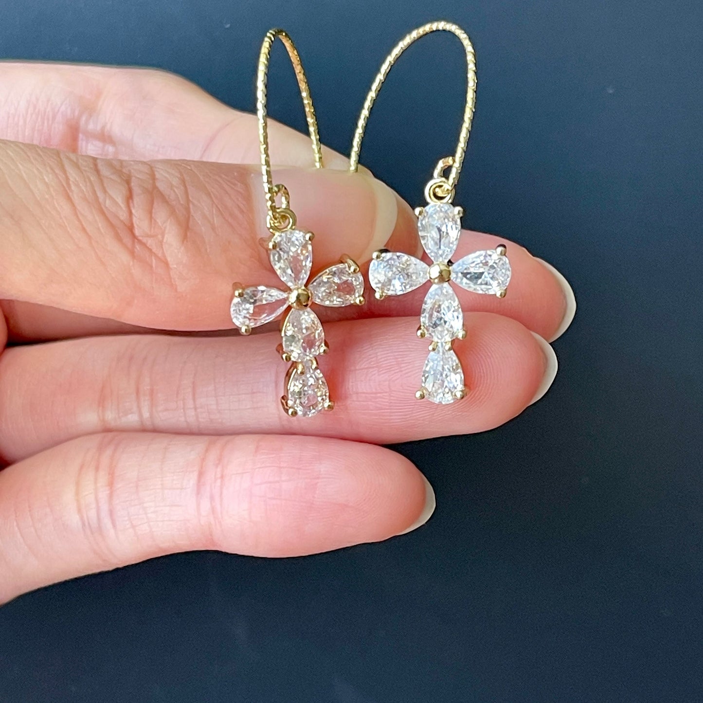 Dainty Diamond Crystal Cross Dangle Ear Wire Earrings | Unique Gold Cross Earrings
