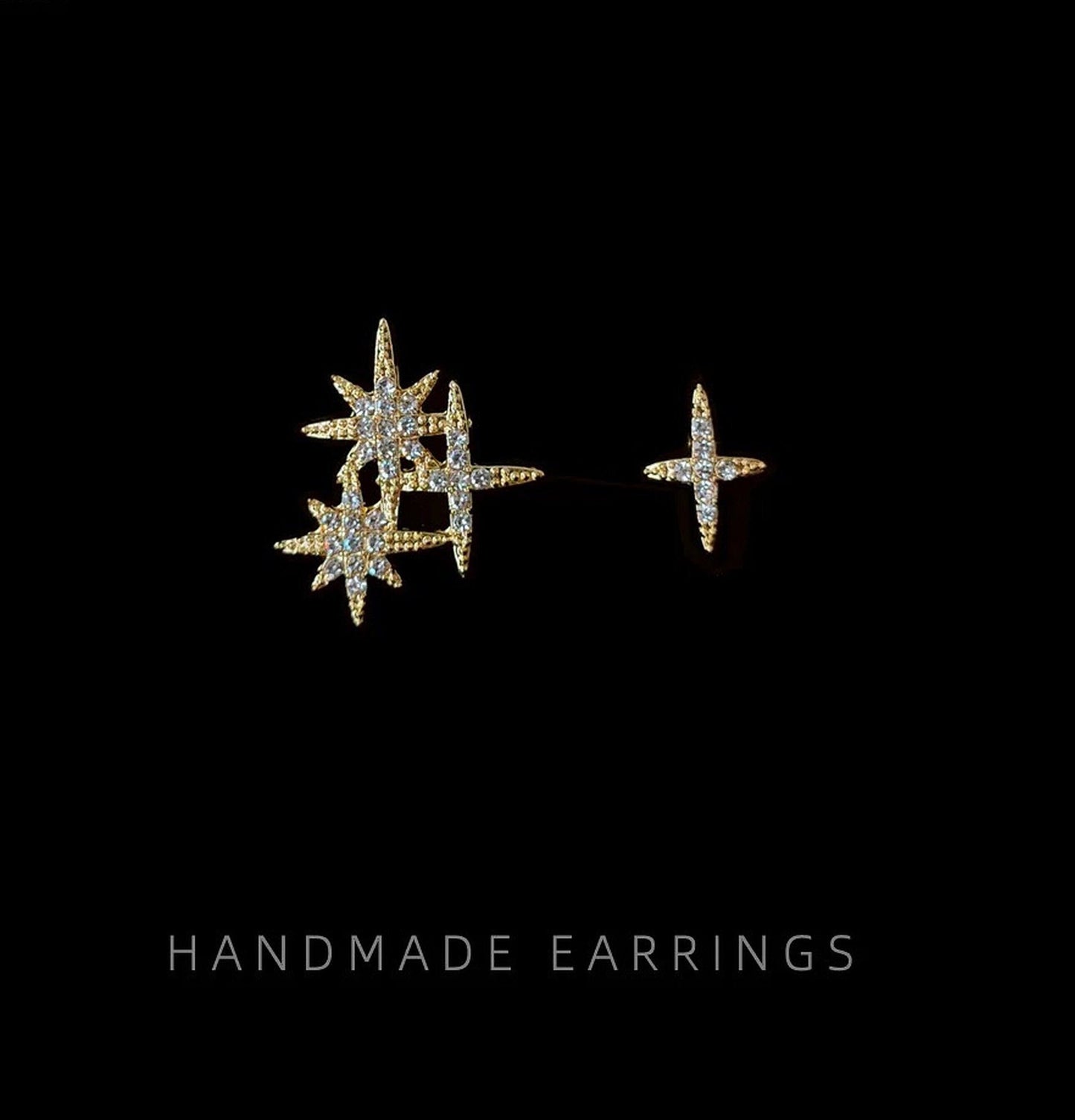 Mismatched Golden North Star Stud Earrings | Crystal Starburst Celestial Minimalist Earrings
