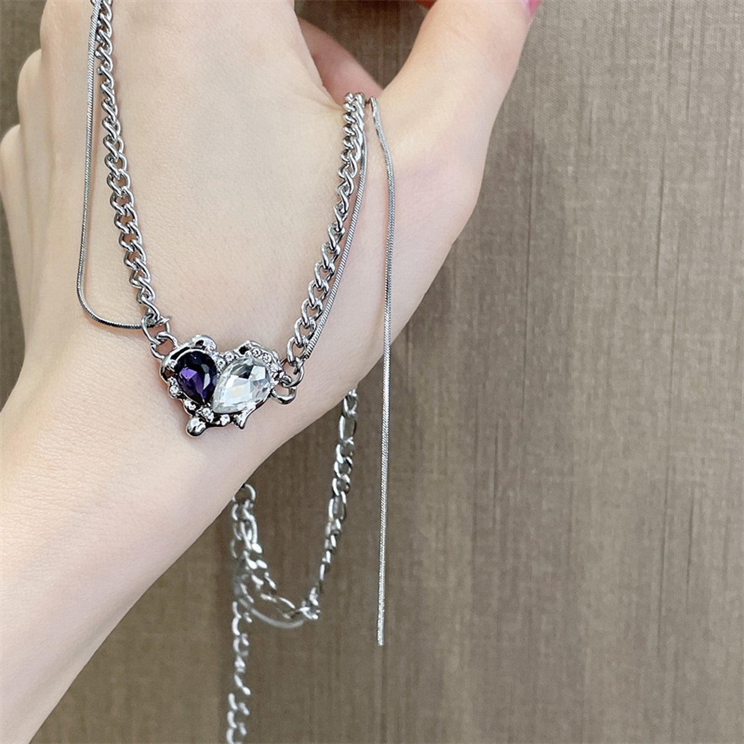 Multi Layered Purple Heart Pendant Necklace | Gothic Punk Silver Chain Choker
