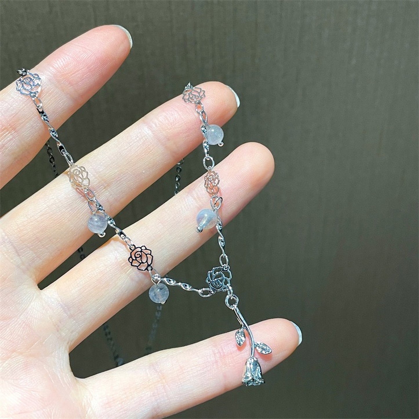 Punk Rose Necklace, Silver Rose Pendant Necklace, Beauty and the Beast Necklace, Floral Layered Necklace, Minimalist Delicate Jewelry