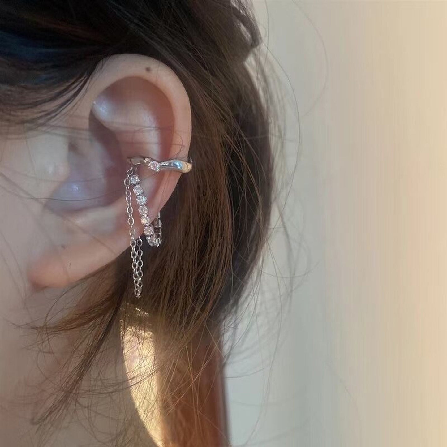 Gothic layering earcuff, Non pierced cuff earrings, Silver CZ ear climber, Dangle ear cuff, Punk streetwear earrings, Unisex helix earrings