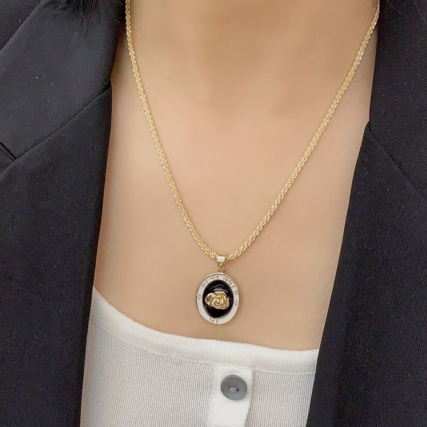 Gothic statement necklace, Engraved gold rose chopin necklace, Black and white necklace, Punk enamel necklace pendant, Y2K vintage necklace