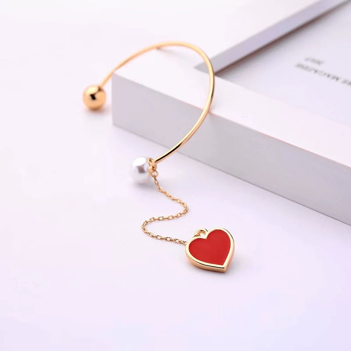 Romantic No piercing Red Heart Dangle Drop Ear Wrap | Pearl Long Tassel No Ear Hole Jewelry