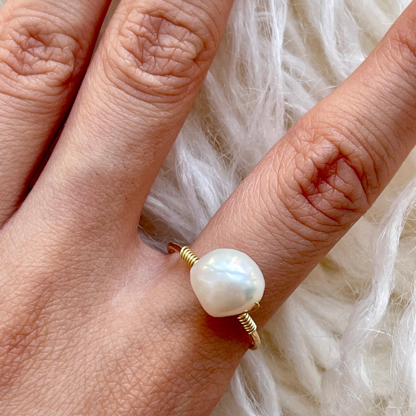 Handmade Natural Pearl Ring - Dainty Gold Pearl Simple Open Ring