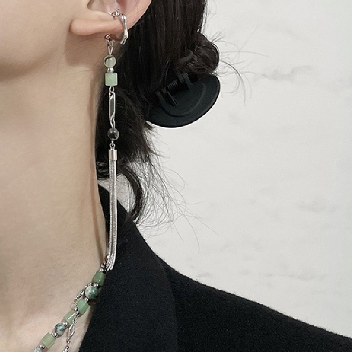 No piercing jade earrings, Long tassel dangle earrings, Ear cuff climber, Silver statement earrings, Green jade bead earings, Gift for mom