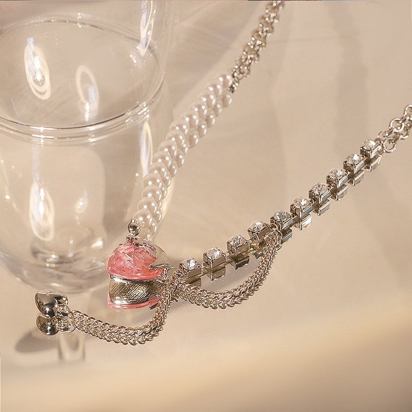 Gothic Layering Pink Heart Choker | Balletcore Y2K Pearl Chain Punk Retro Style Necklace