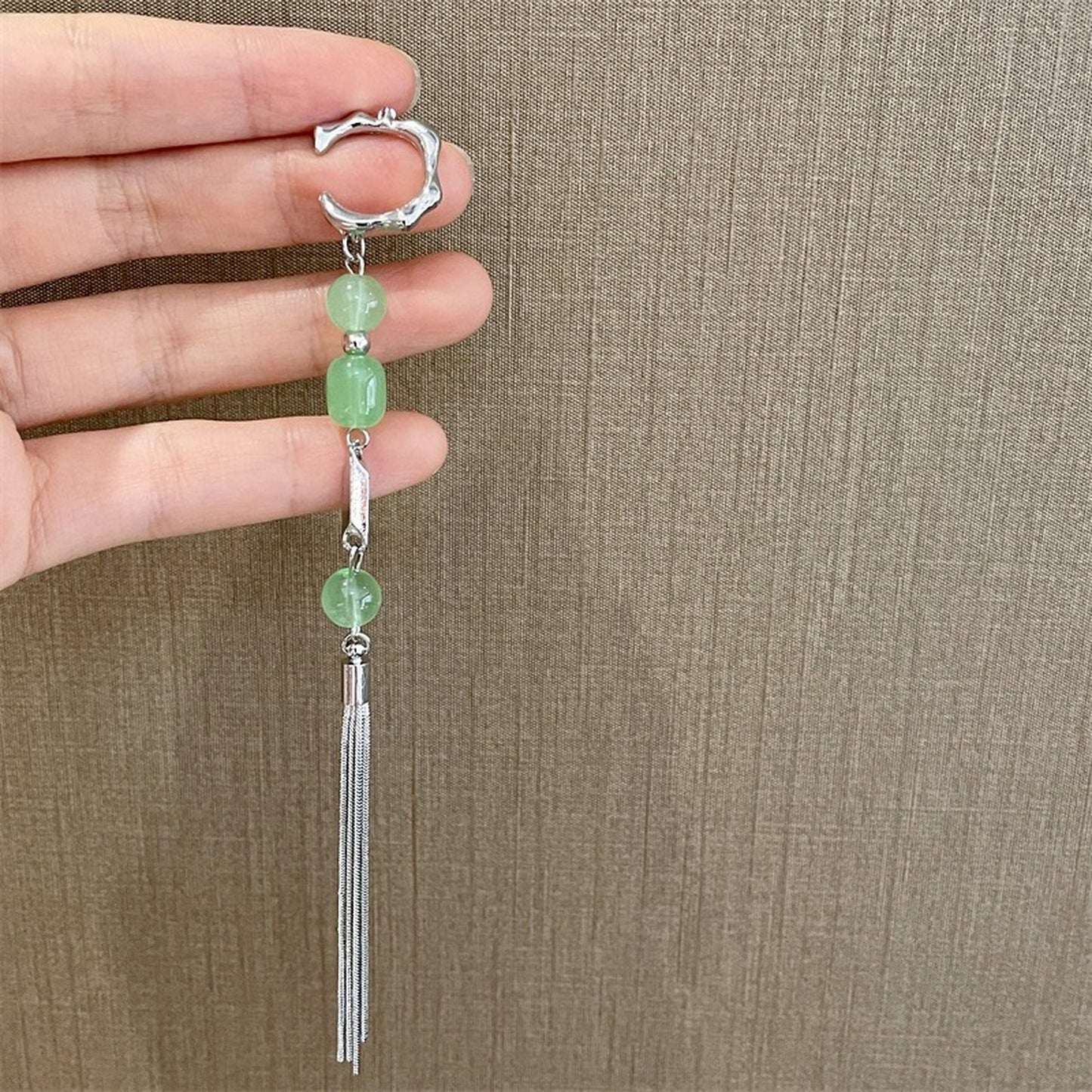 No piercing jade earrings, Long tassel dangle earrings, Ear cuff climber, Silver statement earrings, Green jade bead earings, Gift for mom
