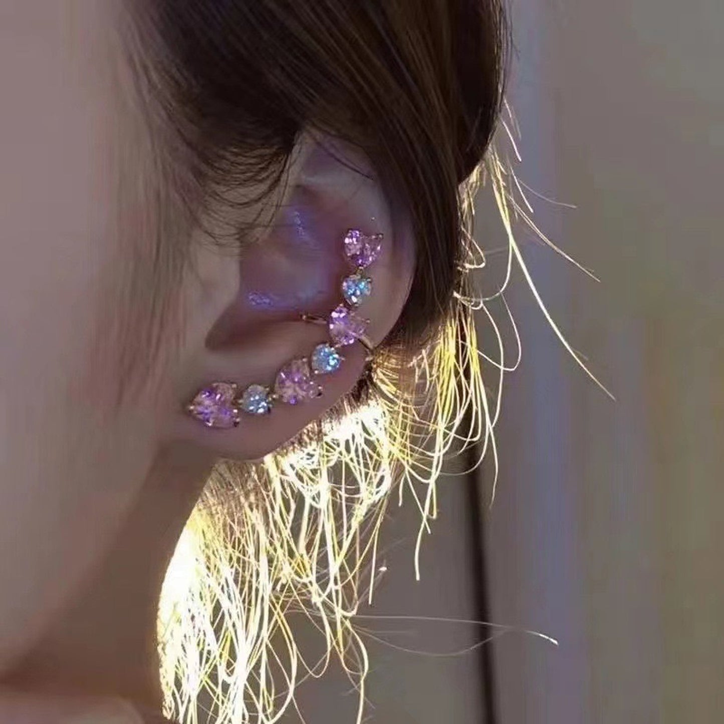Pink Heart Ear Cuff - Pink Zircon Ear Climber Crawler -Mismatched Minimalist Y2K Helix Earrings