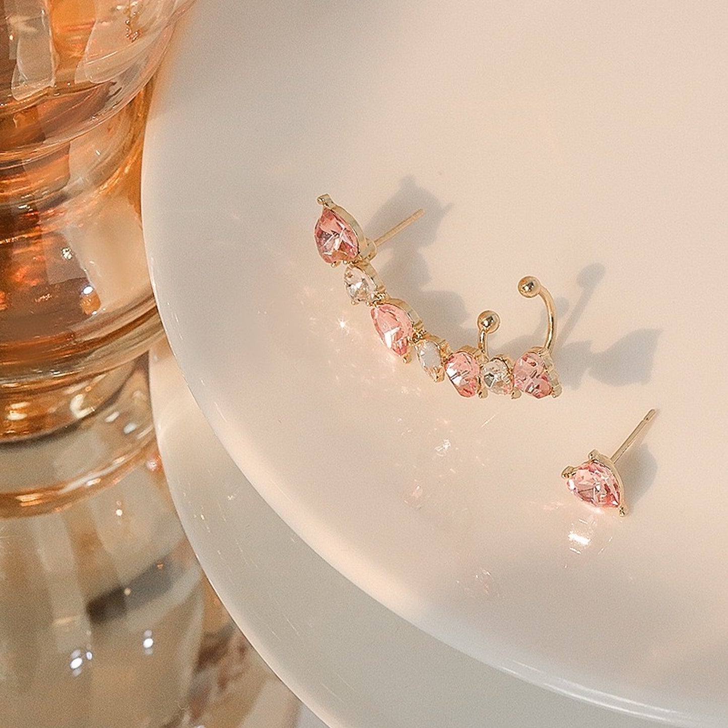 Pink Heart Ear Cuff - Pink Zircon Ear Climber Crawler -Mismatched Minimalist Y2K Helix Earrings