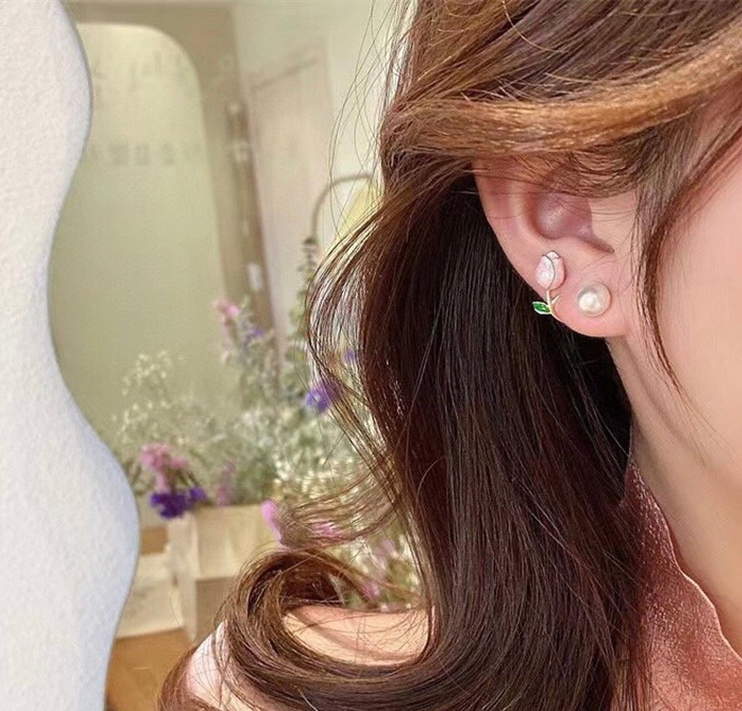 Fairycore Tulip Flower 2 Way Earrings - Pink Rose Cute Ear Crawler Studs