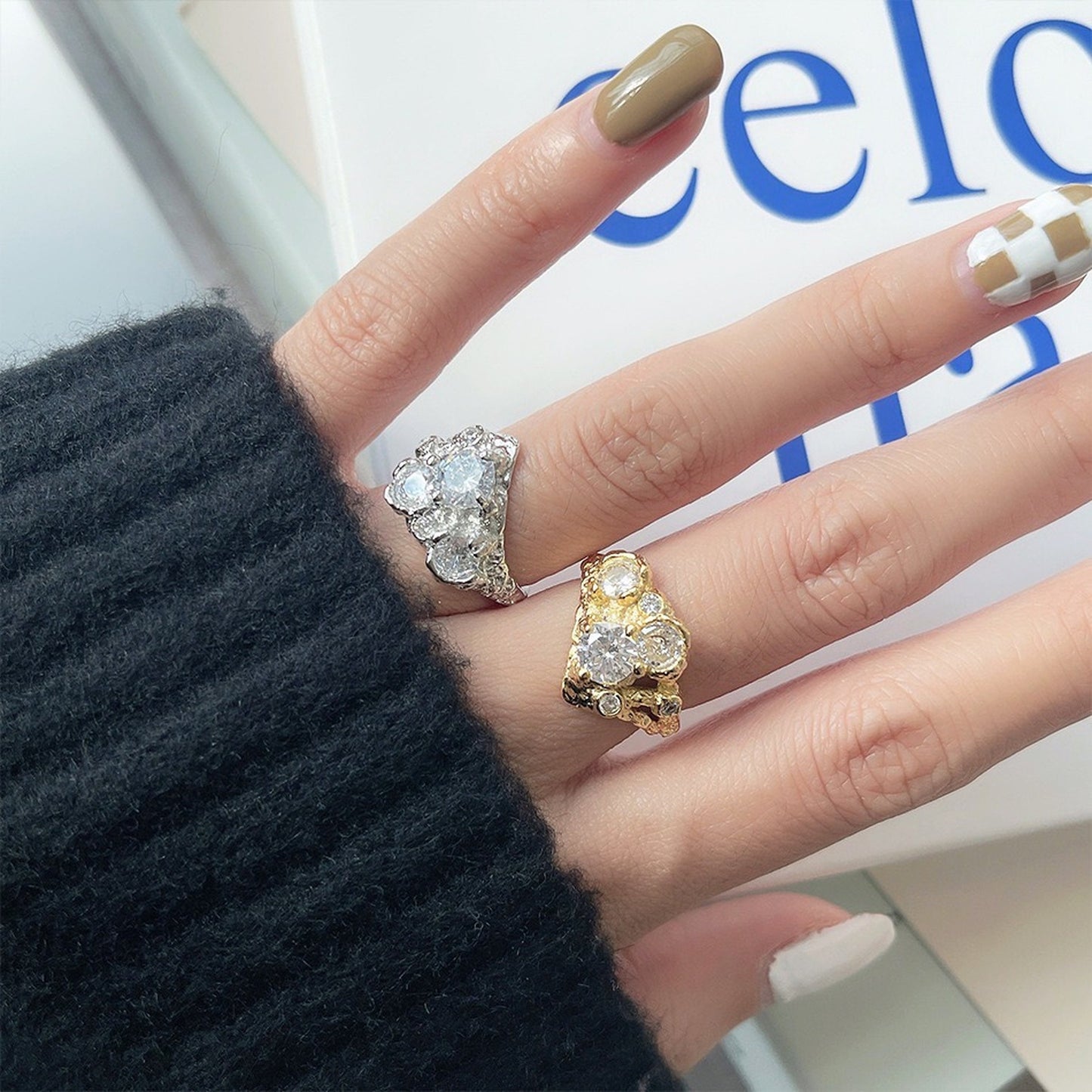 Avant Garde Multi Stone Geometric Chunky Ring | Unisex Punk Streetwear Gold Silver Open Statement Rings