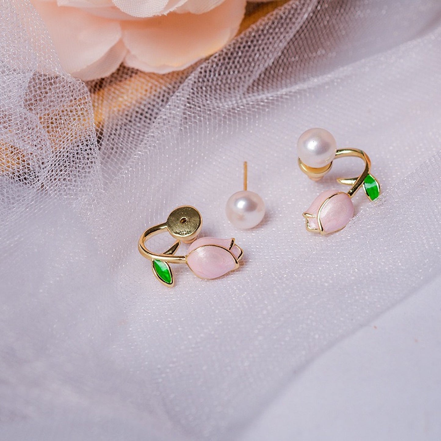 Fairycore Tulip Flower 2 Way Earrings - Pink Rose Cute Ear Crawler Studs