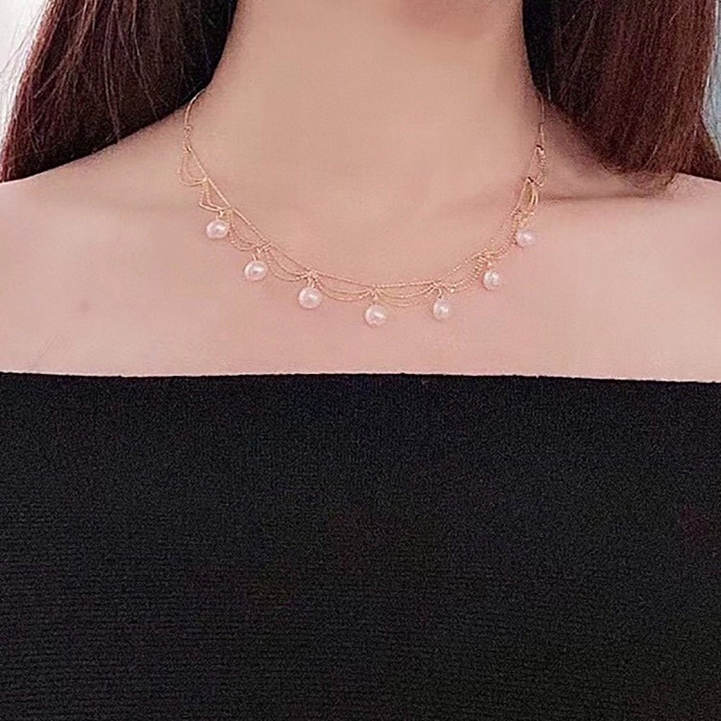 Natural Pearl Layered Necklace, Vintage Style Bridal Wedding Jewelry, Floating Pearl Drop Necklace, Gothic Layering Choker, 14K Gold-filled