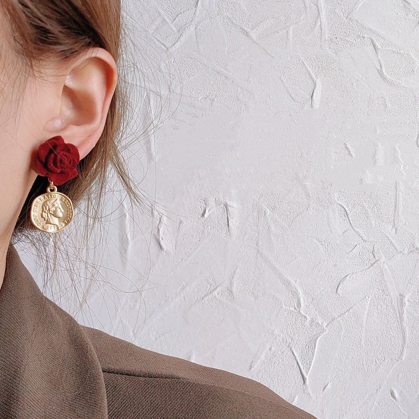 Romantic Handmade Red Velvet Rose Flower Earrings | Vintage Retro Gold Coin Statement Jewelry