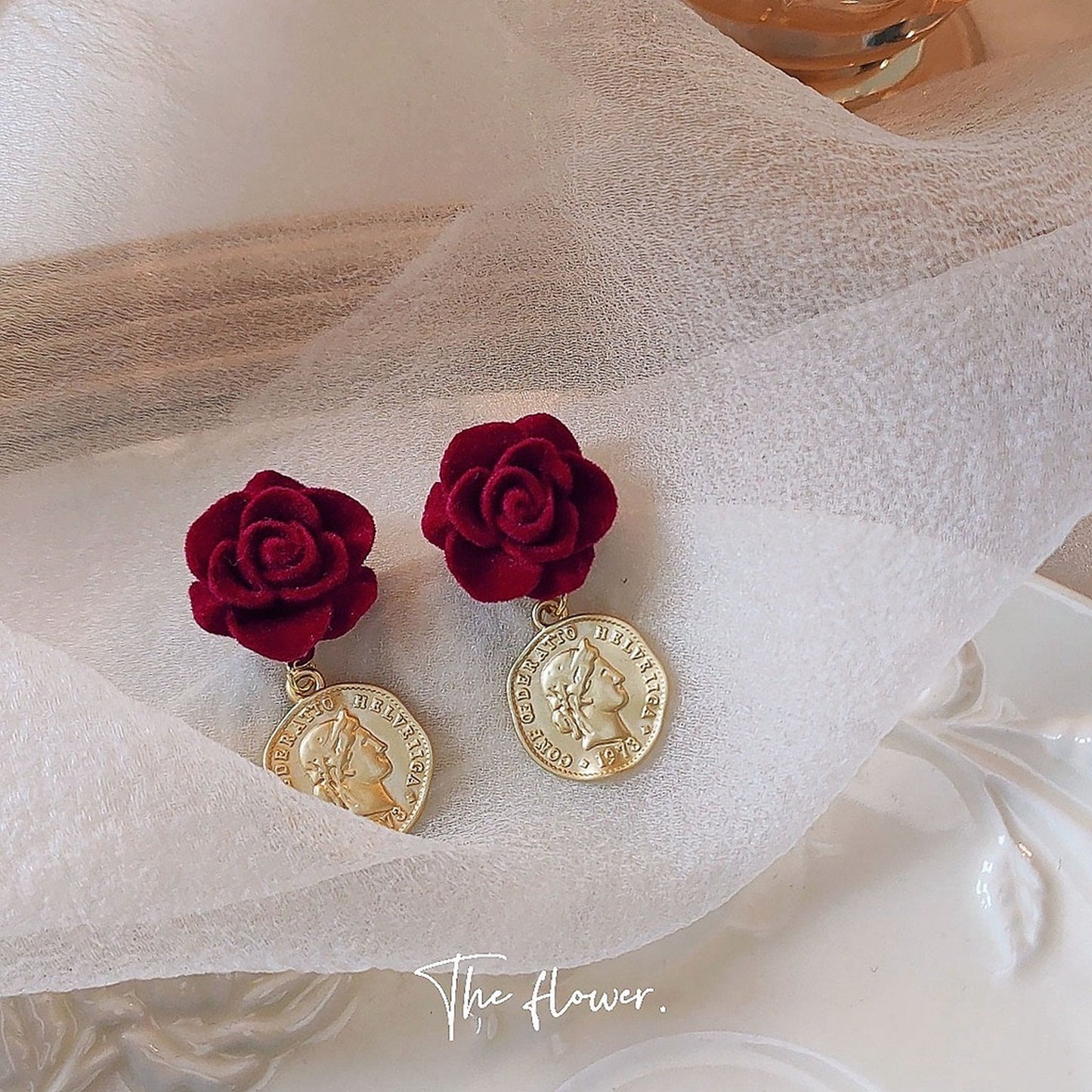 Romantic Handmade Red Velvet Rose Flower Earrings | Vintage Retro Gold Coin Statement Jewelry