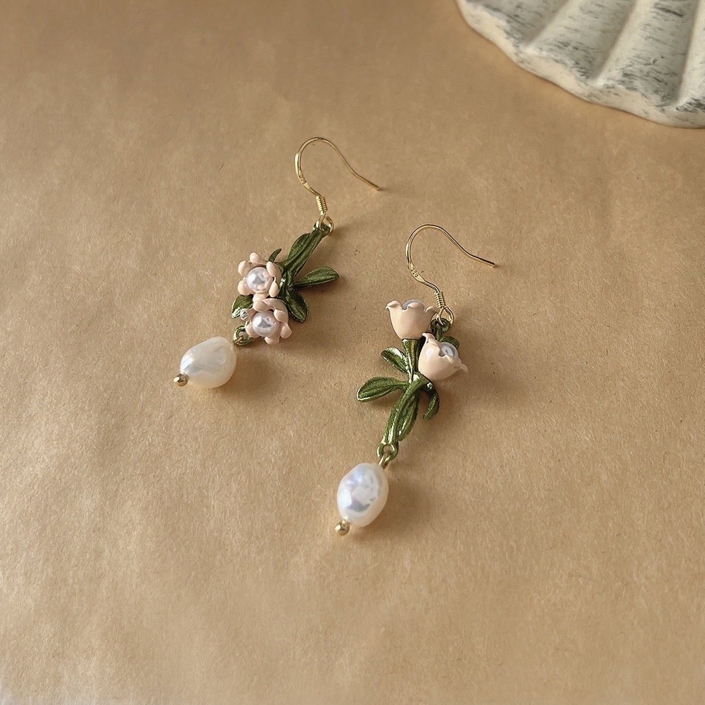 Mismatched Freshwater Pearl Drop Gold Hoop Earrings | Lily of the Valley Flower Cluster Earrings