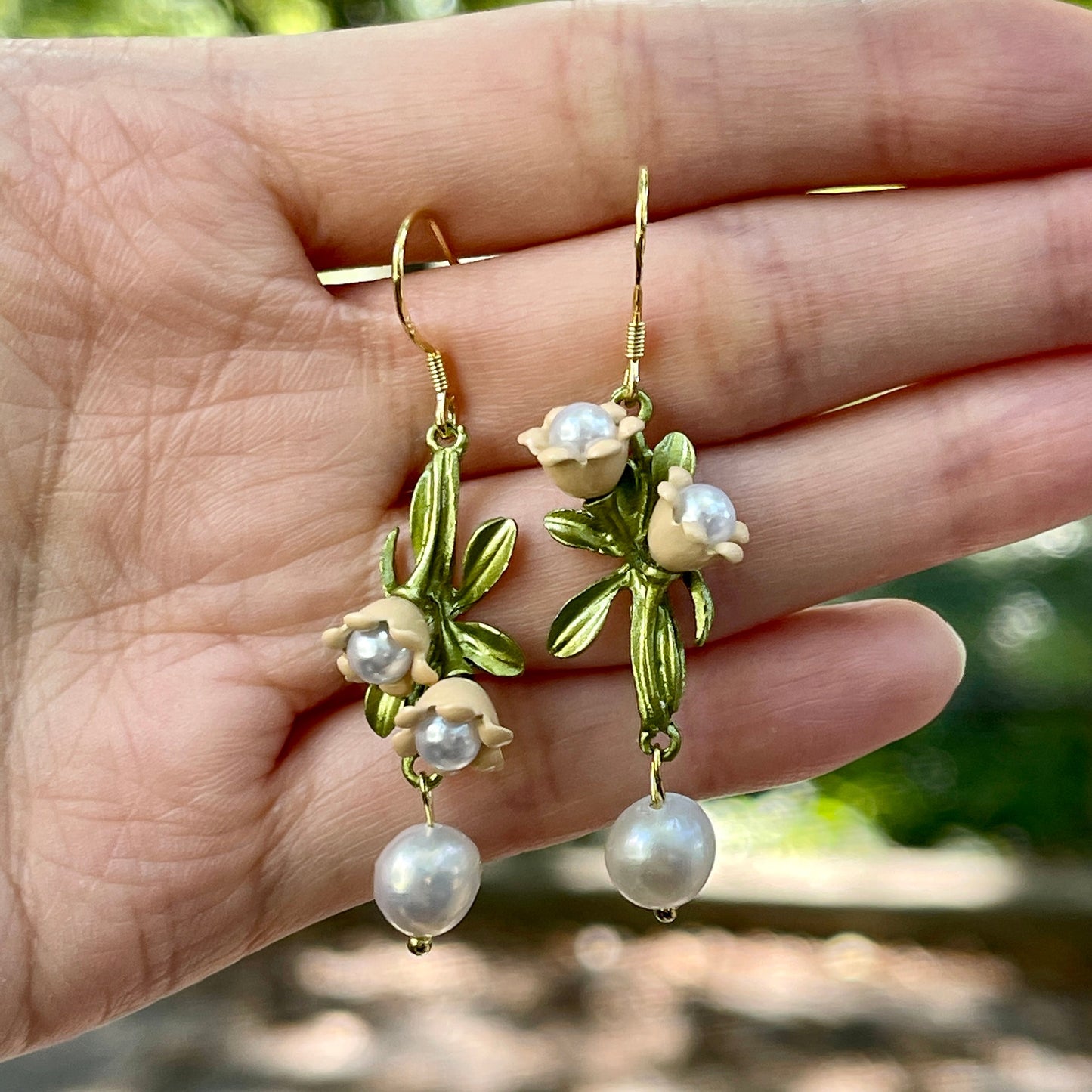 Mismatched Freshwater Pearl Drop Gold Hoop Earrings | Lily of the Valley Flower Cluster Earrings