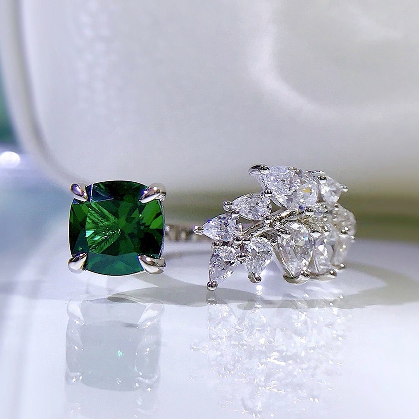 Celebrity Style Cushion Cut Emerald Ring - Green Leaf Diamond Ring