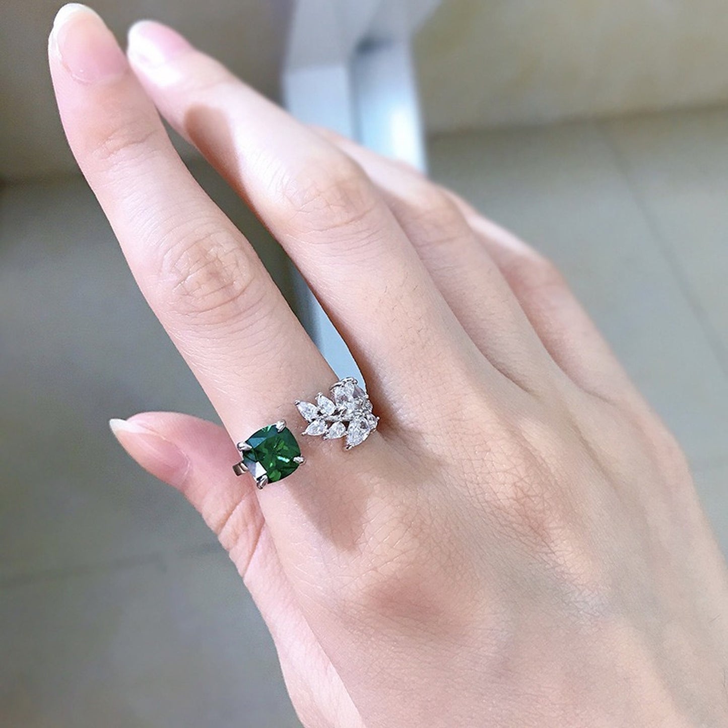 Celebrity Style Cushion Cut Emerald Ring - Green Leaf Diamond Ring