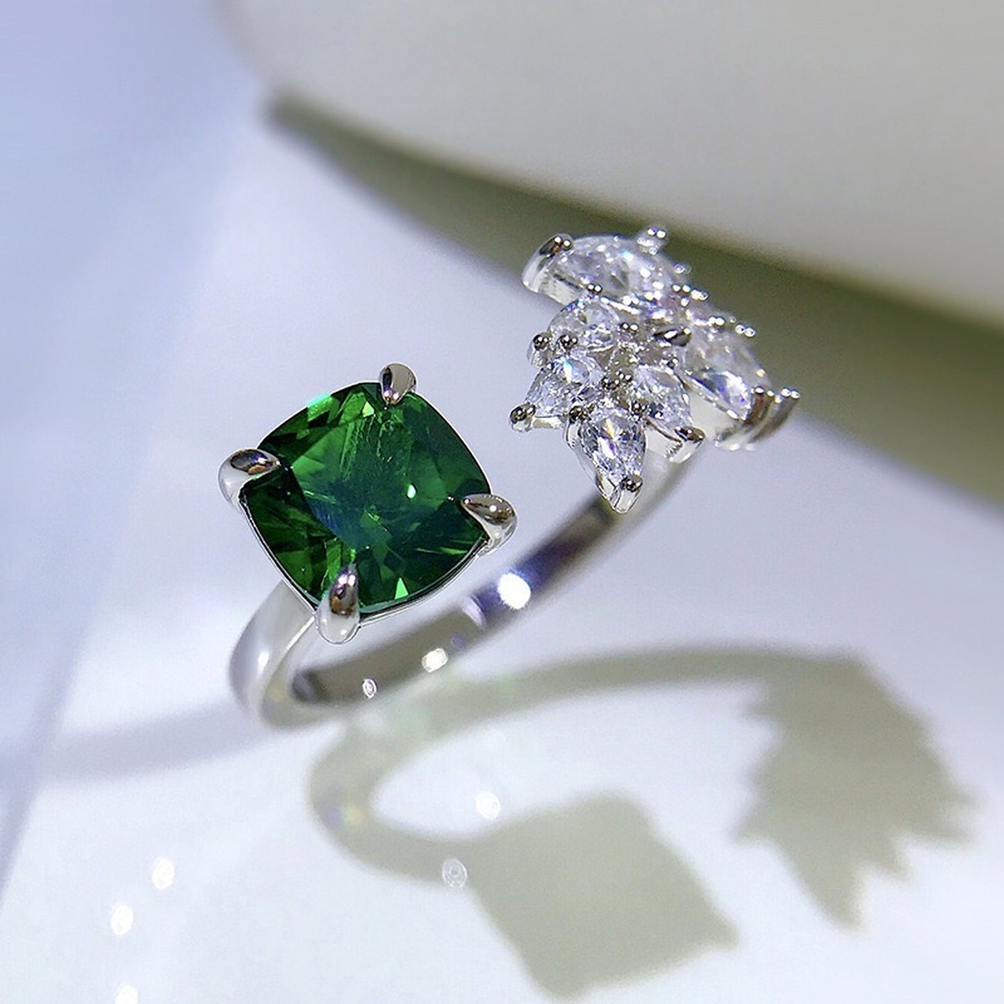 Celebrity Style Cushion Cut Emerald Ring - Green Leaf Diamond Ring