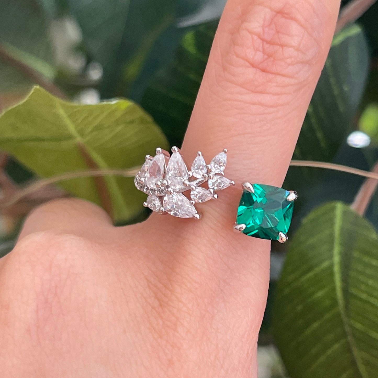 Celebrity Style Cushion Cut Emerald Ring - Green Leaf Diamond Ring