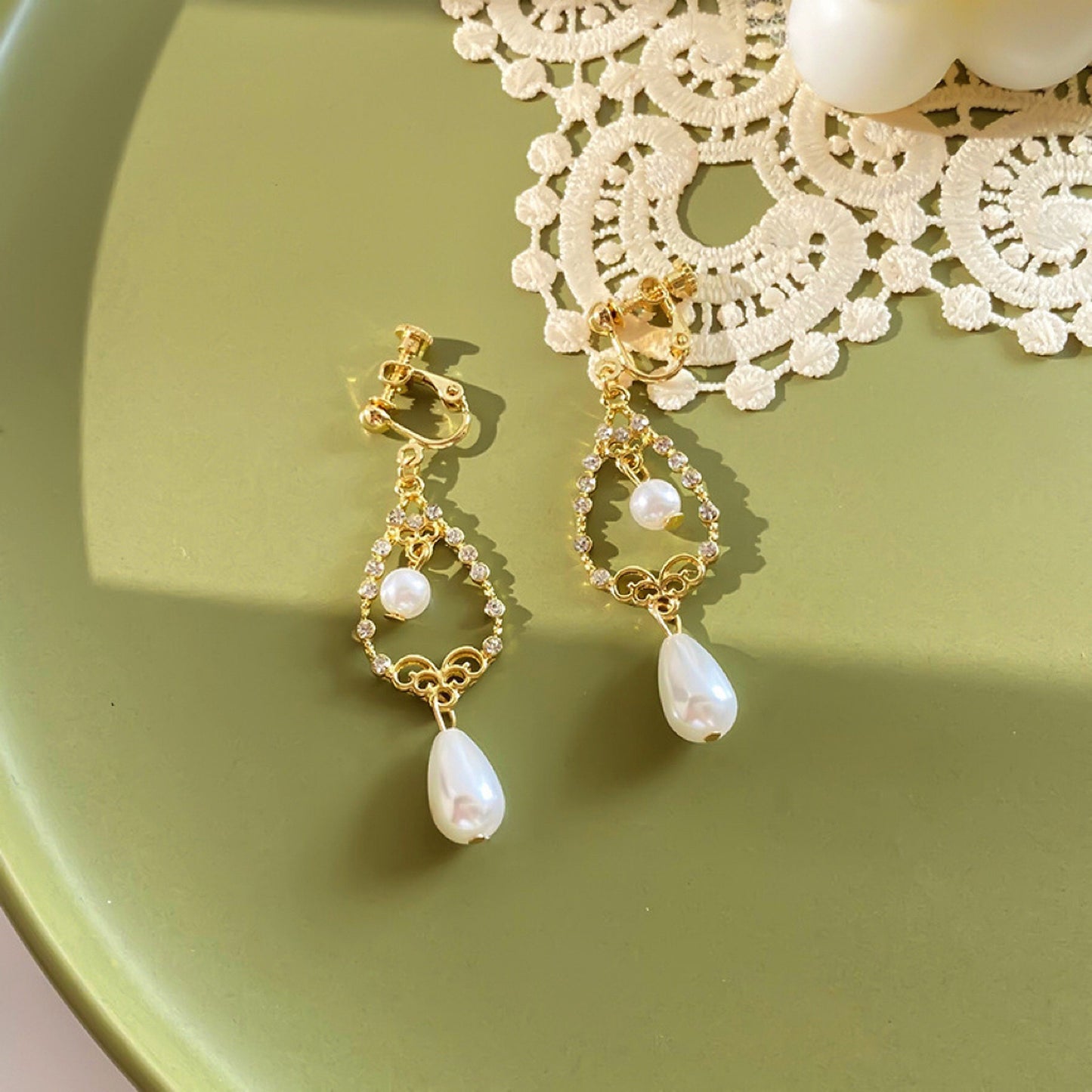 Baroque Pearl Clip On Earrings - Vintage Victorian Teardrop Gold Lace Dangle Earrings