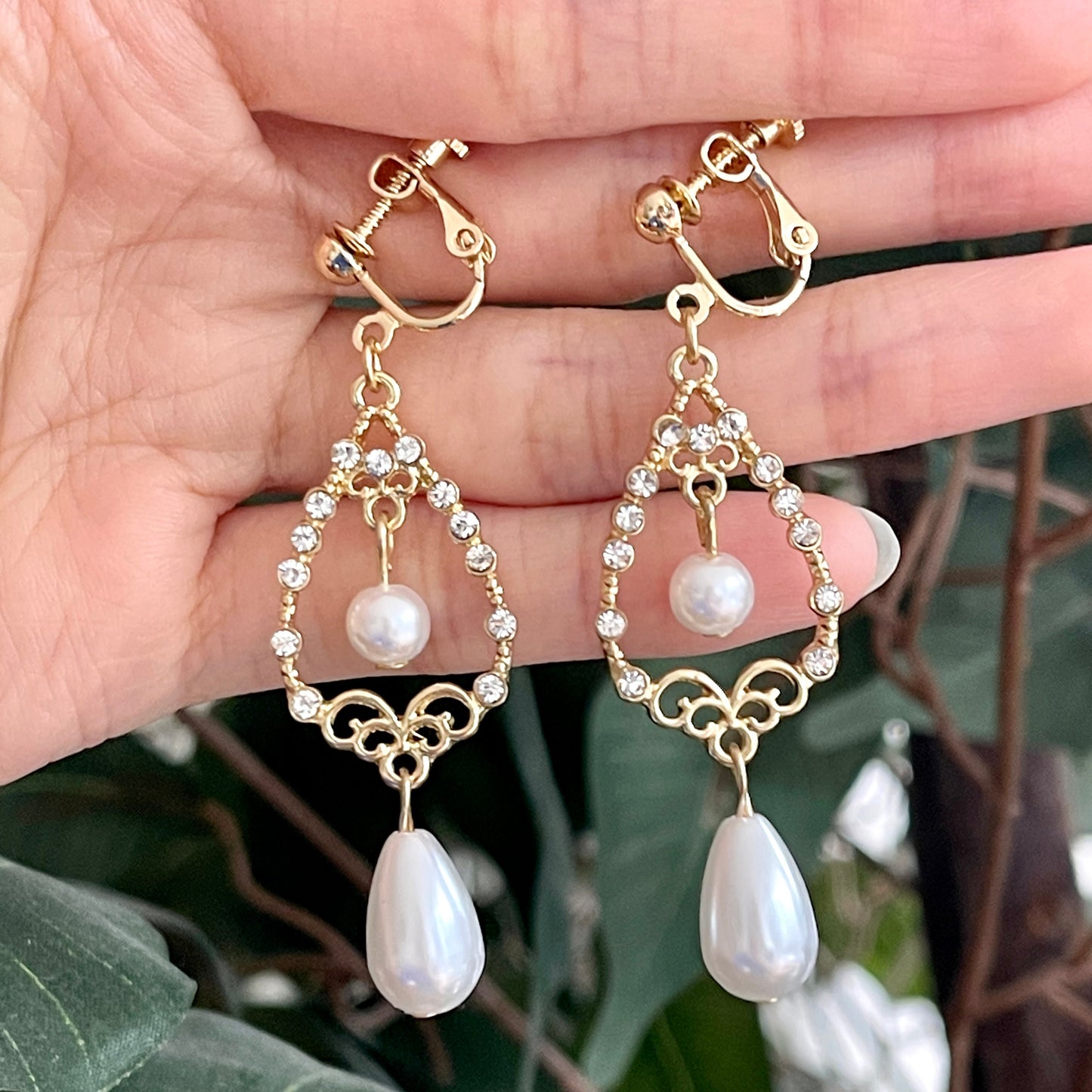 Baroque Pearl Clip On Earrings - Vintage Victorian Teardrop Gold Lace Dangle Earrings