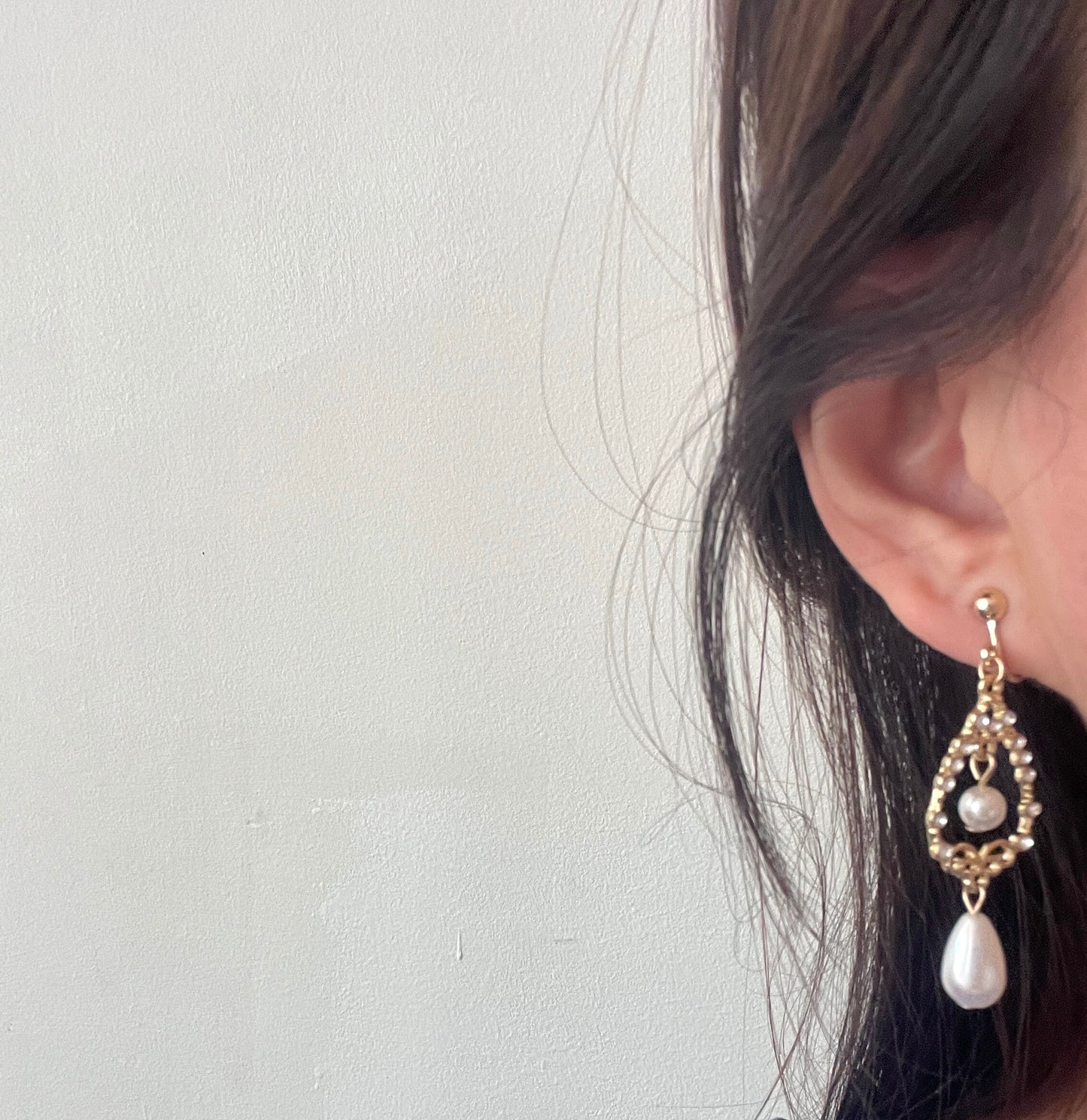 Baroque Pearl Clip On Earrings - Vintage Victorian Teardrop Gold Lace Dangle Earrings