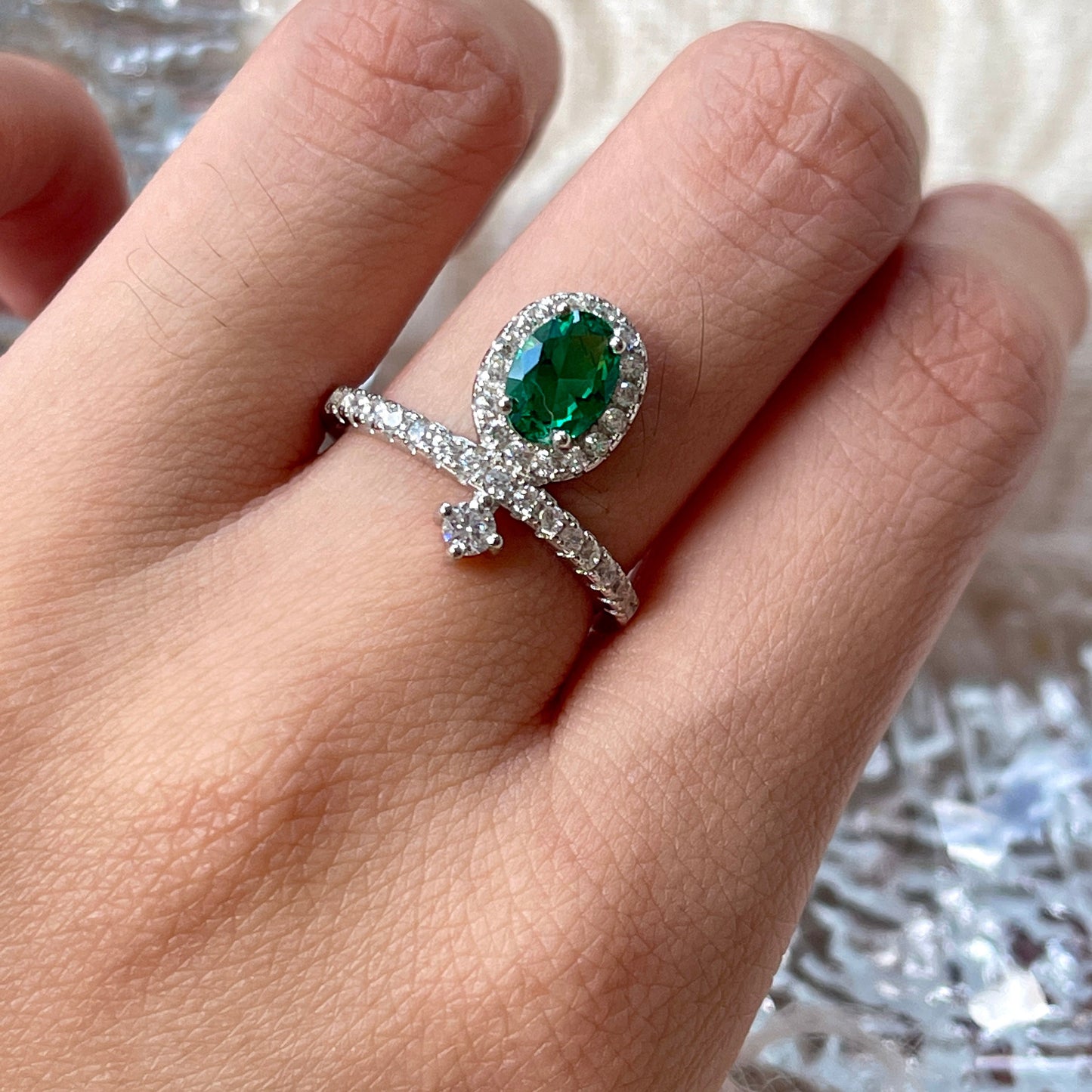 1 Carat Oval Emerald Simulant Engagement Ring | Green Emerald Silver Propose Anniversary Gift
