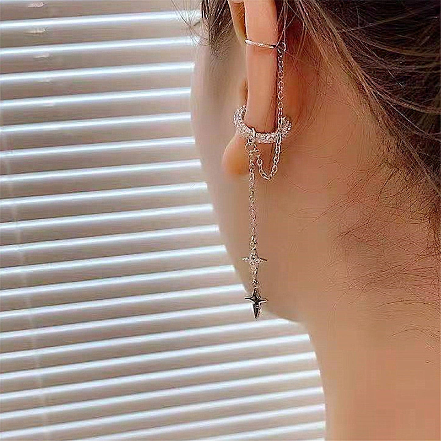 No Piercing Silver North Star cuff earrings | Punk Helix Link Chain Dangle Ear Climber Cuff