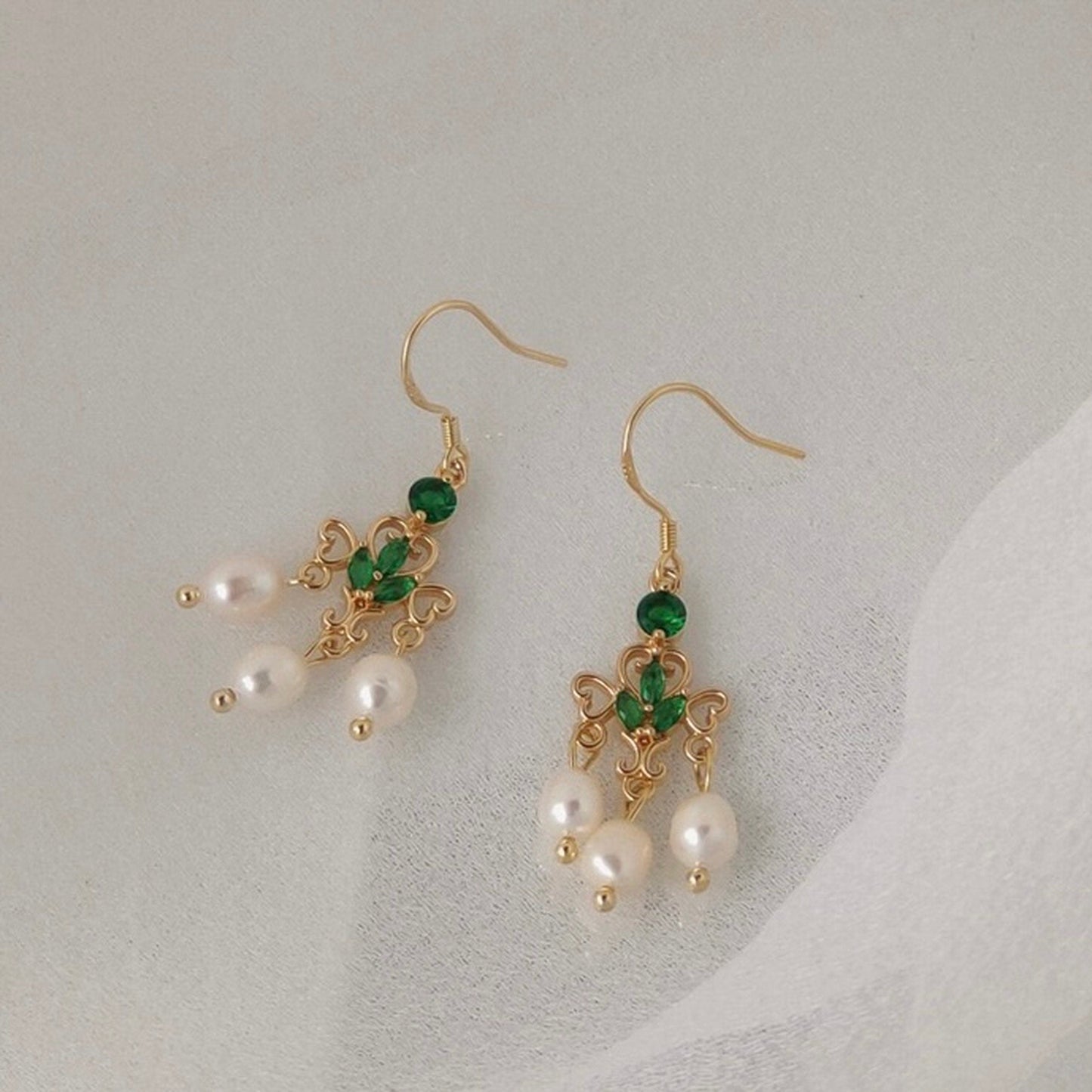 Emerald and Pearl Fan Shaped Tassel Earrings - Delicate Emerald Dangle Earrings