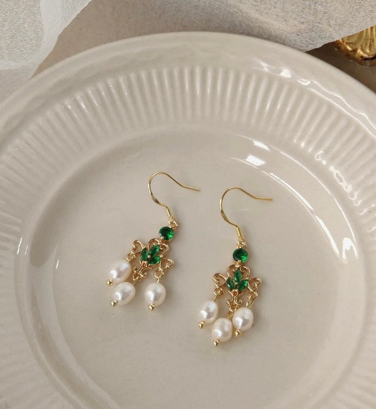 Emerald and Pearl Fan Shaped Tassel Earrings - Delicate Emerald Dangle Earrings
