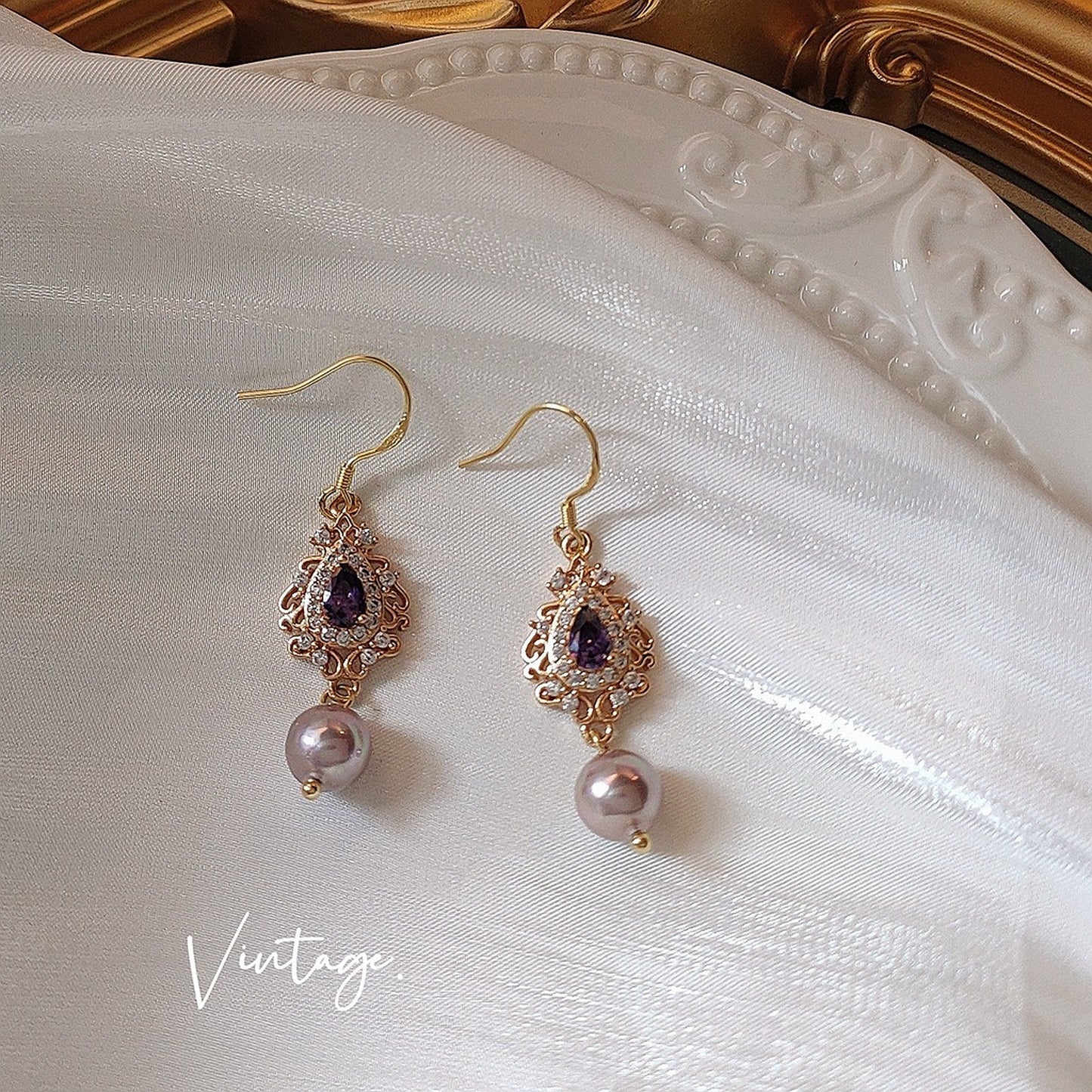 Purple Pearl Amethyst Teardrop Earrings - Purple Gold Lace Bridesmaid wedding Earrings