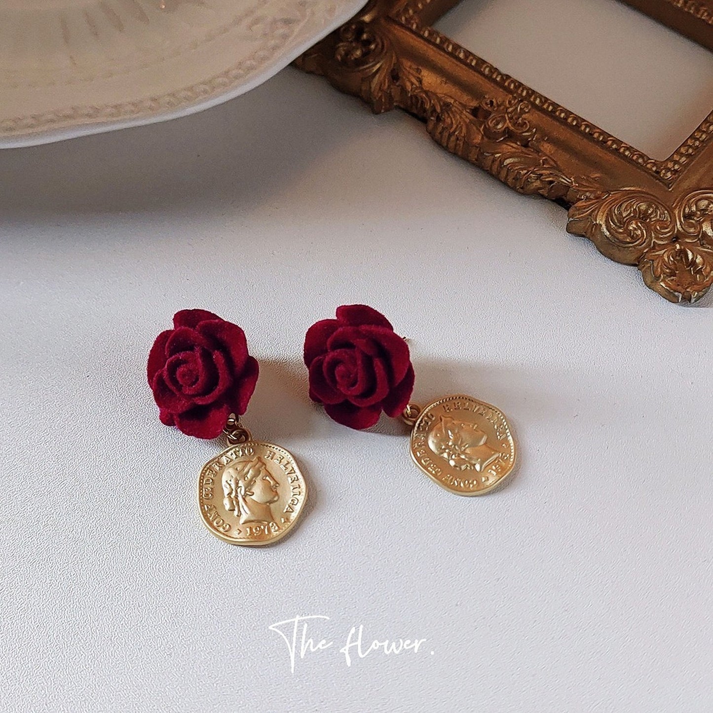 Romantic Handmade Red Velvet Rose Flower Earrings | Vintage Retro Gold Coin Statement Jewelry